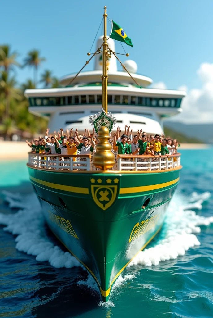 Build a model boat of a cruise ship with a beautiful Palmeiras football club theme full of fans celebrating the World Cup title