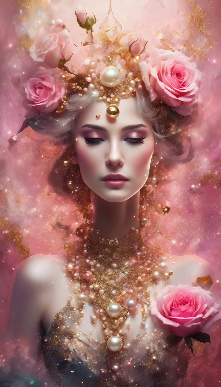 Abstract beautiful fantasy 
woman and roses, pearls, gloss, inside a weightlessness-shaped reality, sharp focus, reflections, pearls, gradient stains, stardust, studio photo, black, gold, pink