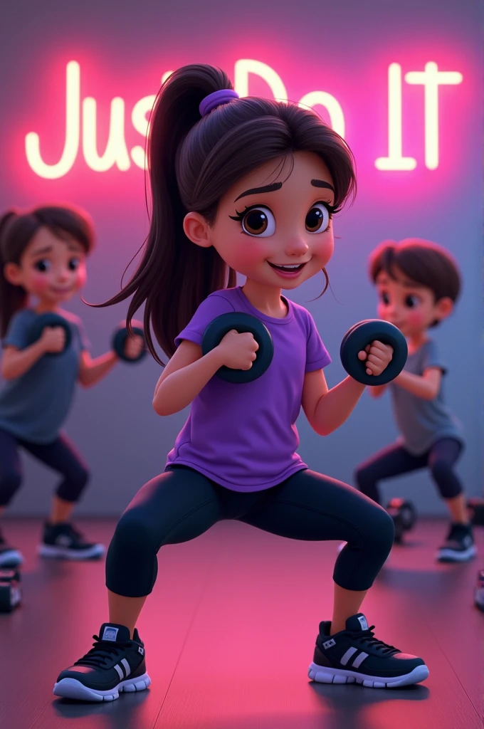 Disney-style poster with a girl in the gym, combed with ponytail dark brown hair and straight, Purple sleeved blouse and black sports leggings, black tennis shoes, doing Bulgarian with a dumbbell in each hand, In the background you can see two girls exercising, dumbbells and a neon sign that says Just do it