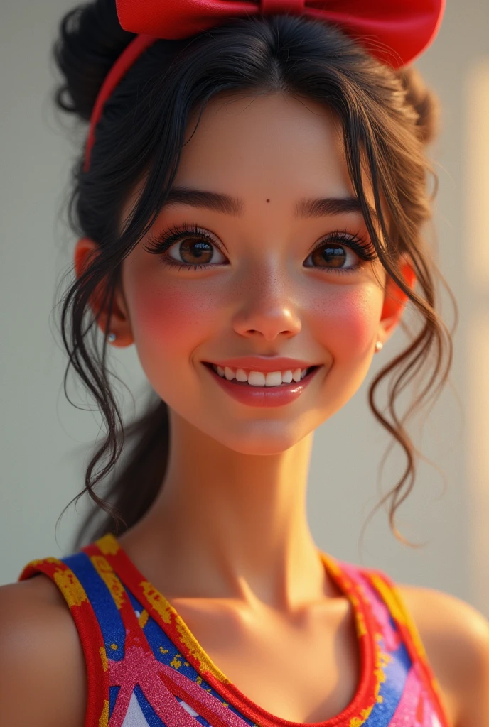 a one woman , Wearing cheerleader outfit, with a close-up capturing the harmonious beauty, showing off your natural charm and outgoing personality.