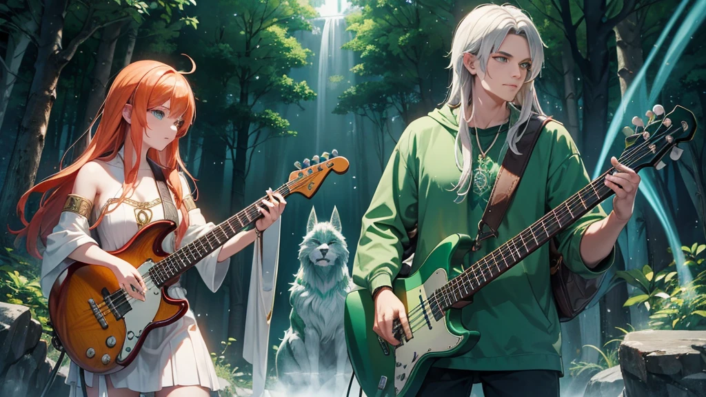 Create a Celtic rock-themed thumbnail featuring a mystical forest with ancient stone circles. Show four mythological characters—Freyja as the vocalist, Thor as the drummer, Odin as the bassist, and Anubis as the guitarist. They are surrounded by glowing green light and mist. Incorporate Celtic symbols like triskelions and knotwork. The text 'The Banquet of Gods' should be in a runic, yet modern, font with fiery accents, blending ancient mythology with the raw energy of rock."