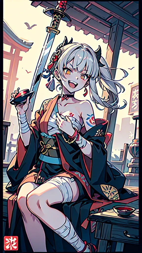 (((((roll up bandage sideways on a chest tightly to cover the chest without gaps))))), (((bandage samweways))),, ((Japanese Gangster BOSS)), adult woman with the dignified presence, Killing Qi, wear nothing around shoulder, wear nothing around neck, wear the kimono, wear it below the waist, (I wind it up to control it, and to attach it), ((kimono come off)) ,wear the kimono multiple times, Bare shoulders and the clavicle, black and gold kimono, put on over jacket of kimono, (holding a japanese sword which shine in purple, The handole of the sword is black, and the blade is gray, long sword), eye fire, low angle, whole body, bandage is seen, anime character, Glaring, off sholder, nappropriate smile, Excellent, black blue hair, can see both shoulder, ((long kimono hem)), small face, ((some cherry blossam big tattoo on the arm)),((Sit with your legs folded)), ((background Japanese gate with circlr mark)),muscular,drink sake,fullmoon in the sky, The kimono is spreading,(((ultra-detailed))),super beautiful,Masterpiece,Killing Qi,Intimidation,zoom up, a person