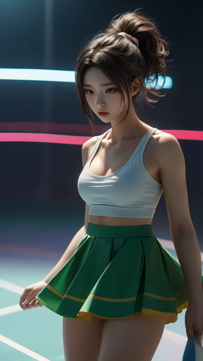 ((Highest quality)), ((masterpiece)), (detailed:1.4), 。.。.。.3d, Beautiful images of women in Play sports oftens and ,Hmph(High Dynamic Range),Ray Tracing,NVIDIA,Super Resolution,Unreal 5,Scattered under the surface,PBR Texturing,Post-processing,Anisotropic Filtering,Depth of written border,Maximum clarity and sharpness,Multilayer Texture,Albedo and Specular Maps,Surface Shading,Accurate simulation of light-matter interactions,Perfect proportions,Octane Rendering,Two-tone lighting,wide aperture,Low ISO、White balance、Three-part method、8,000 students、((K-POP idol))(((Play sports often,mini skirt)))(((Brown Hair))),Big Breasts, Cleavage,