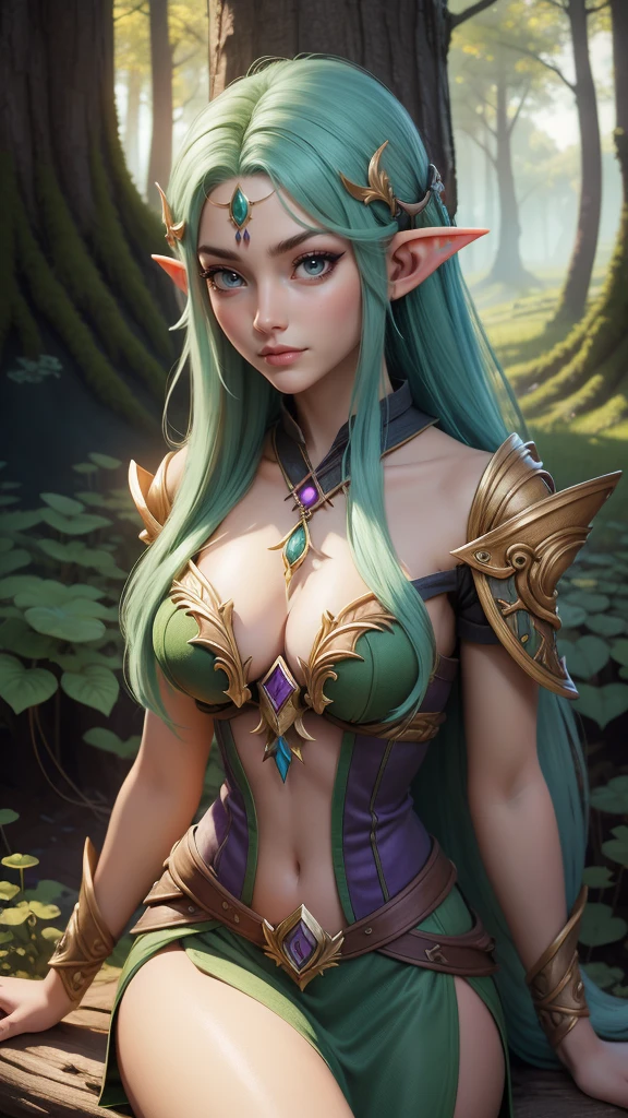 a close up of a girl with green hair sitting on a mushroom field, elf girl, beautiful elf with revealing and ornate purple underwear, showing lots of skin,  fantasy art style, beautiful wood elf, realistic fantasy artwork, a portrait of an elf, portrait of an elf, very beautiful elven top model, epic fantasy art style, detailed fantasy art, female elf, trending digital fantasy art, realistic fantasy render