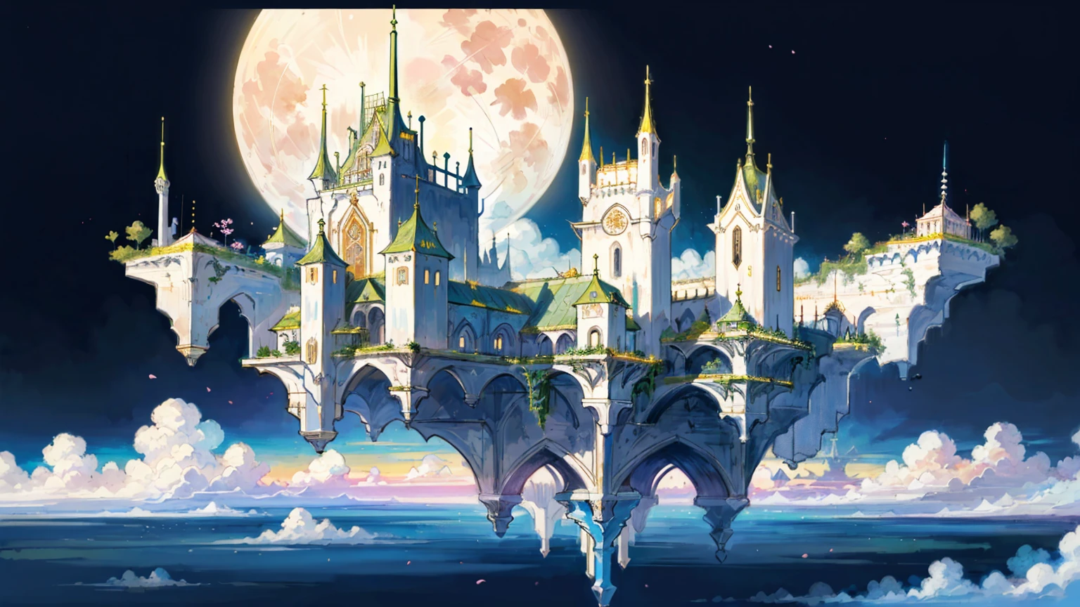 (Extremely detailed floating city:1.3), ((1 detailed mirage-castle floats above the clouds)and(Detailed floats minarets illusion, detailed floats belfry illusion)and(Highly transparent mirage)and(Detailed view of the base of the Mirage castle)),ultra-detailed,extremely detailed and beautiful, night sky and white cloud and full moon glow background,ultra-detailed birds, (floating city in bloom, Floating petals, blooming gardens in the sky, many vines on the wall:1.2) Imagination, dream /=, Holy Light,