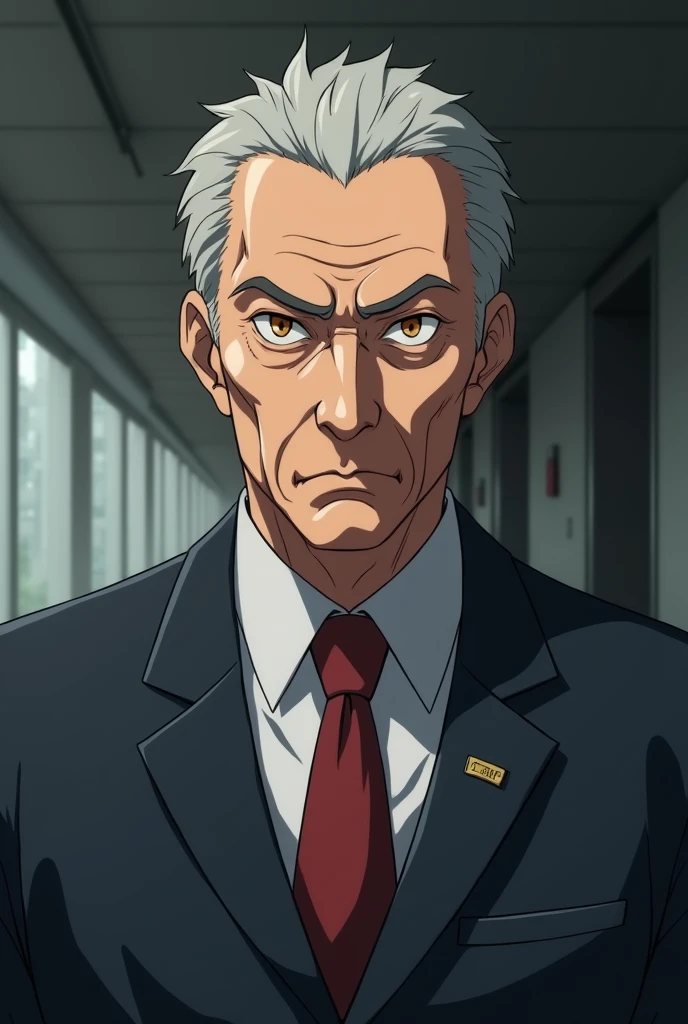 60 year old Japanese man wearing a serious office suit with amber eyes and a very blank arrogant expression and very pale anime style skin
