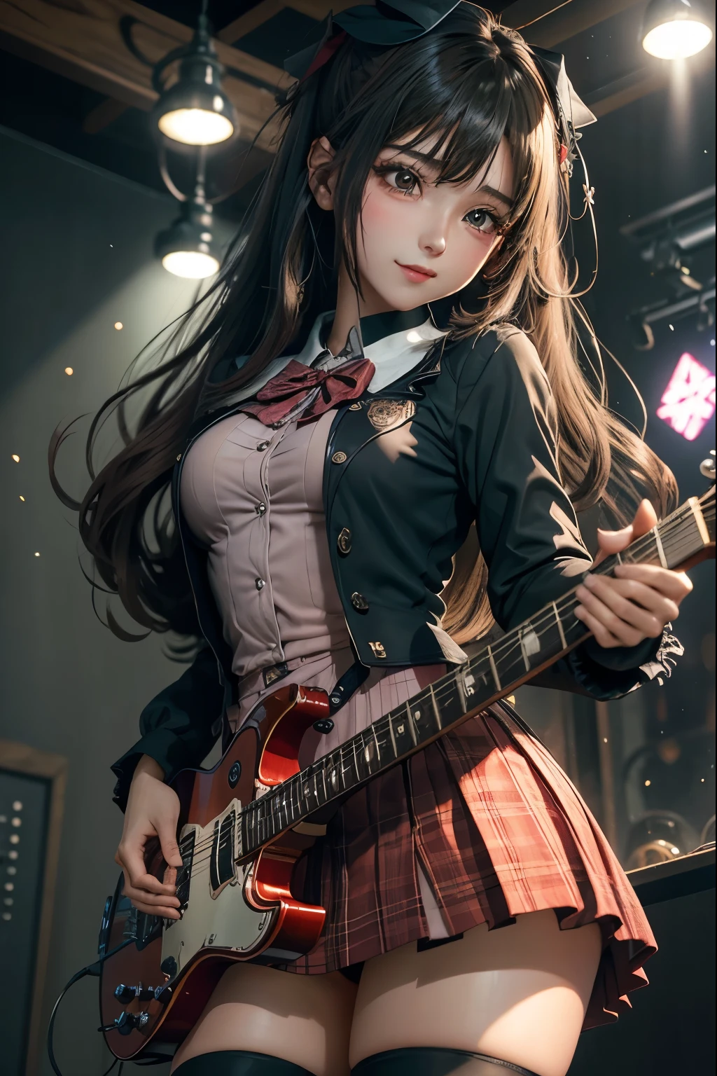 High school girl blazer、uniform、Red checked knee-length skirt、Long skirt、JK Style、Jacket、smile、Knee-high socks、Thigh-high socks、pantyhose、Extremely beautiful、Super cute、ennui、Rare Beauty、Dark black eyeshadow、sad、Skin radiance、Long Hair Straight Hair、Dark Gothic Makeup、Dark Smile、Fragrant beauty、Stained glass background、masterpiece、Highest quality、See 5 books、Sweat glistening on my chest、Sweat glistening on the face、Small breasts、2、Slightly slim、Mysterious look、Sad look、Mysterious Gothic Church、enchanting castle、Excessive sweating all over the body、Thighsに大量の汗と光、光沢のあるThighs、Thighs、Thighsに大量の汗が光る、sweat profusely、Gal、Small breasts、Japanese face、Captivating look、細いThighs、play the guitar、I have a guitar、Enthusiastic singing、バンドでplay the guitar、Playing guitar chords、Background of the live music venue、Sing a song、Open your mouth、Scenery of a live music venue、Mike stand、Glamorous live stage、Dynamic Angles、Vivid straight long hair、delicate straight hair、