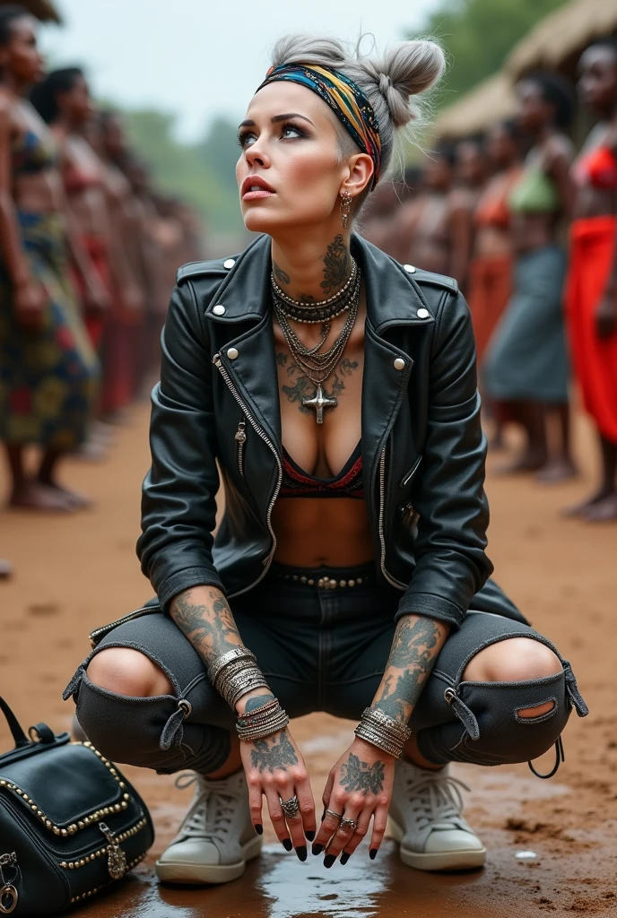 russian milf woman, grey hair (high pouf, top bun, shaved sides), colourful bandana as headband, with very light blue eyes, extremely pale skin. Wearing cropped aged black moto jacket with lots of zippers and pins, flipped up collar. Worn skinny dark low rise blue jeans with patches, wet knees. Black and red tight push up bra, Dirty White tennis sneakers, with bracelets around ankles. Chain around hips like belts. Dirty knees, dirty feet and muddy hands. Wide studded belt. Lots of metallic bracelets, lots of boho pendants and lots of colourful beads collars. Long huge boho. Chains around the hips. Squatting on a puddle with hands on her hips, looking up, chin up, stretching her neck , humble facial expression. Bracelets in ankles and rings in fingers. Black nail polish. studded black leather tote bag with chain on the floor, next to her.. Listening looking up in amazement to somebody speaking to her from the sky, upper teeth visible. Well toned abdominals, thin neck, slim legs and thin arms. Narrow hips Cleavage, stomach, neck, tigh and hands completely covered with tattoos. Dirt street in Kenyan village full of waste. A lot of tanned fat women in traditional dresses around looking at her. next to her, all her belongings scattered on the floor: tobacco packs, makeup kit, little makeup mirror, studded black leather tote bag, lipstick, wallet, moble etc on the floor, point of view; from above