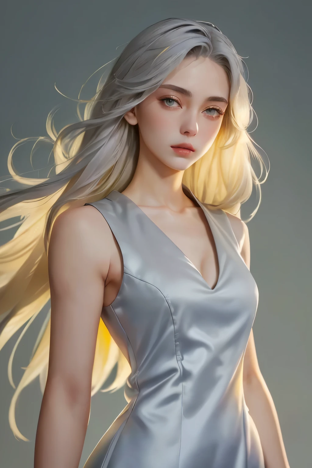 (oil, masterpiece, highest quality, Super detailed, Focus on the characters), Young woman, pale skin, ((a long gray hair)). ((a elegant yellow sleeveless dress)). She has a serene expression. ((Looking straight ahead)), the background is a soft light blue gradient, giving the image an ethereal and calm feel