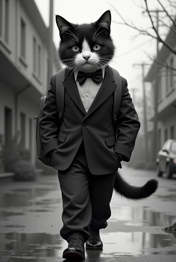 sad black and white tuxedo cat with pants and bakcpack going to school