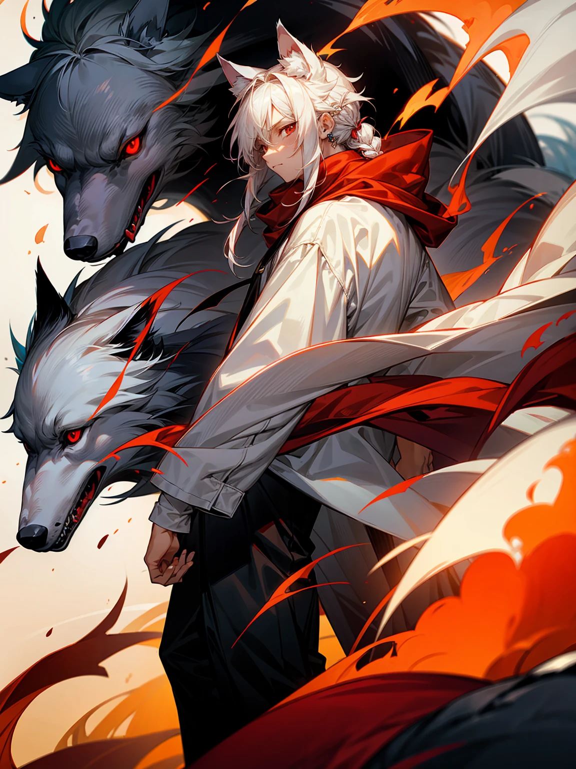 1male, Adult, Long White Hair, White Baggy Long Sleeve Shirt, Baggy Black Pants, Red Eyes, Red Scarf, Earring, Masculine, Dog Ears, Surrounded By Flames, Wolf, Single Hair Braid