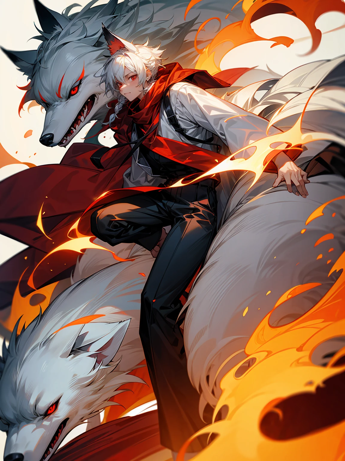 1male, Adult, Long White Hair, White Baggy Long Sleeve Shirt, Baggy Black Pants, Red Eyes, Red Scarf, Earring, Masculine, Dog Ears, Surrounded By Flames, Wolf, Single Hair Braid