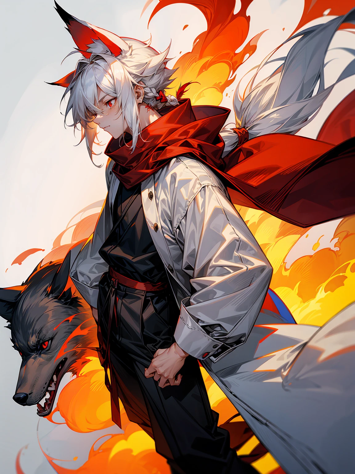 1male, Adult, Long White Hair, White Baggy Long Sleeve Shirt, Baggy Black Pants, Red Eyes, Red Scarf, Earring, Masculine, Dog Ears, Surrounded By Flames, Wolf, Single Hair Braid