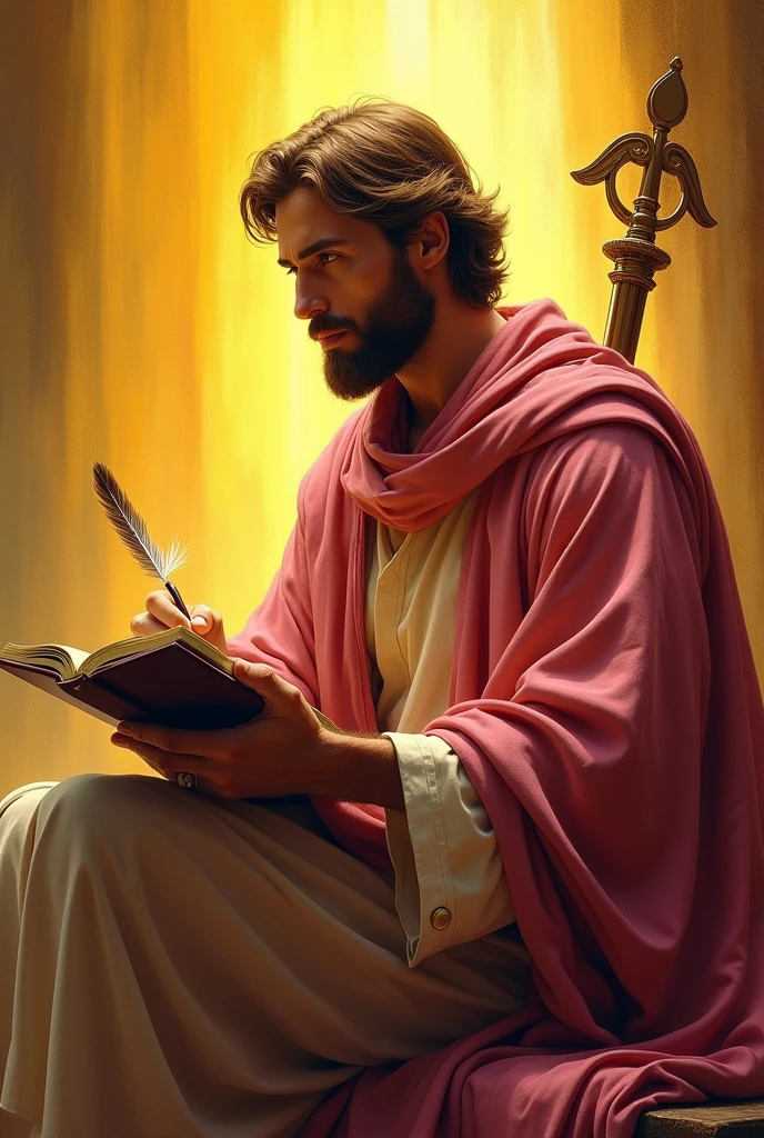 apostle saint matthew, with pinkish red cloak, and a Caduceus of Hermes resting on his shoulder, writing with a quill in a notebook. And Golden background