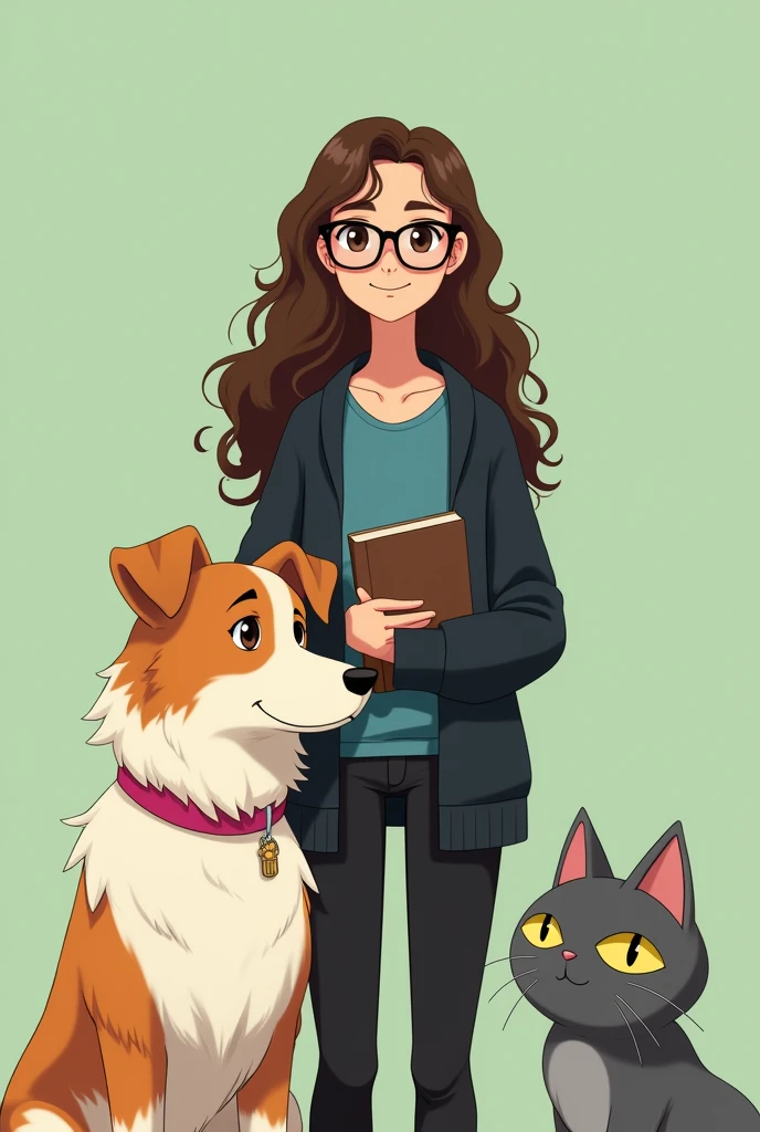 A woman with brown long and curly hair, brown eyes, wearing a square prescription glasses, black pants and a blue t-shirt and a black cardigan, holding a book, standing next to big white and cream dog of the breed border collie with a pink collar. Standing between the dog and the girl is a gray fluffy cat with yellow eyes. The background is a light green. The style of the scene is inspired by the movie My Neighbor Totoro.
