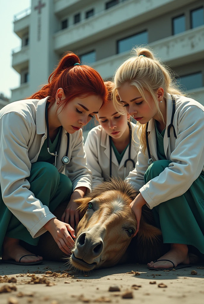 ((Best quality)), ((masterpiece)), (detailed), close-вверх person. The horse is lying on the ground. Four young doctors in medical gowns desperately push an old, very thin, dirty horse lying on the ground, leaning on the horse&#39;s croup. towards a multi-storey modern building of the clinic with the inscription "EURO MEDICINE".   The doctors - girls and boys - have stethoscopes around their necks, red or blond hair, green eyes (fantasy art:1.3), highly detailed face, Beautiful illustration, (portrait composition:1.3) a high resolution, masterpiece