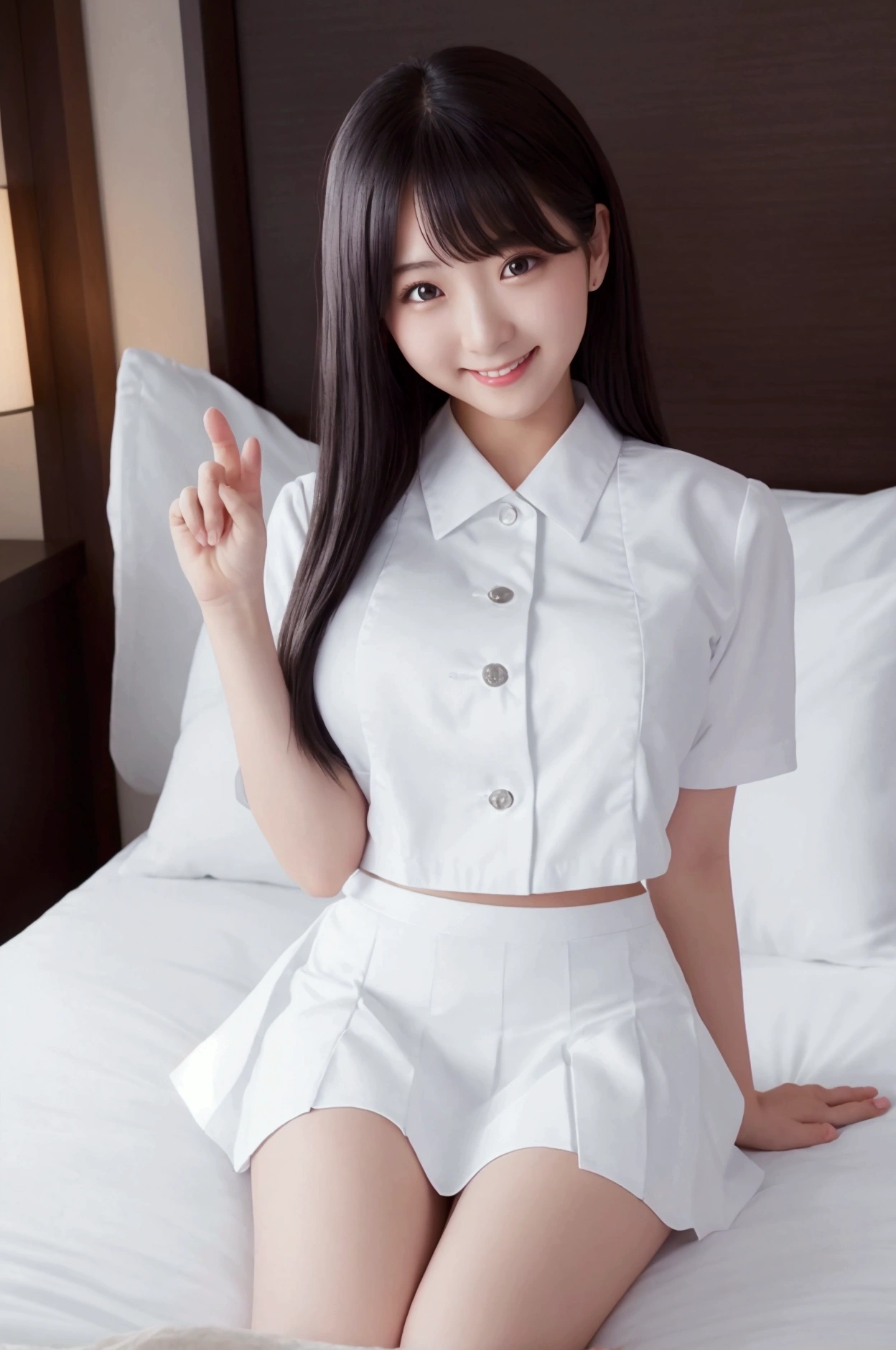 Burning idol pose Adorable smile Hotel bed uniform White clothes High resolution Big Breasts Black mini skirt The skirt should be short Beautiful feet Beautiful Hair height: 155cm