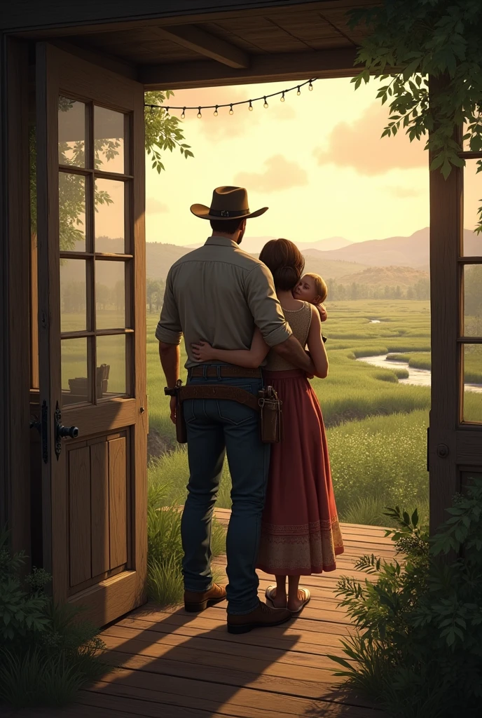 arthur morgan happy in a house in the countryside looking at the landscape with his family.