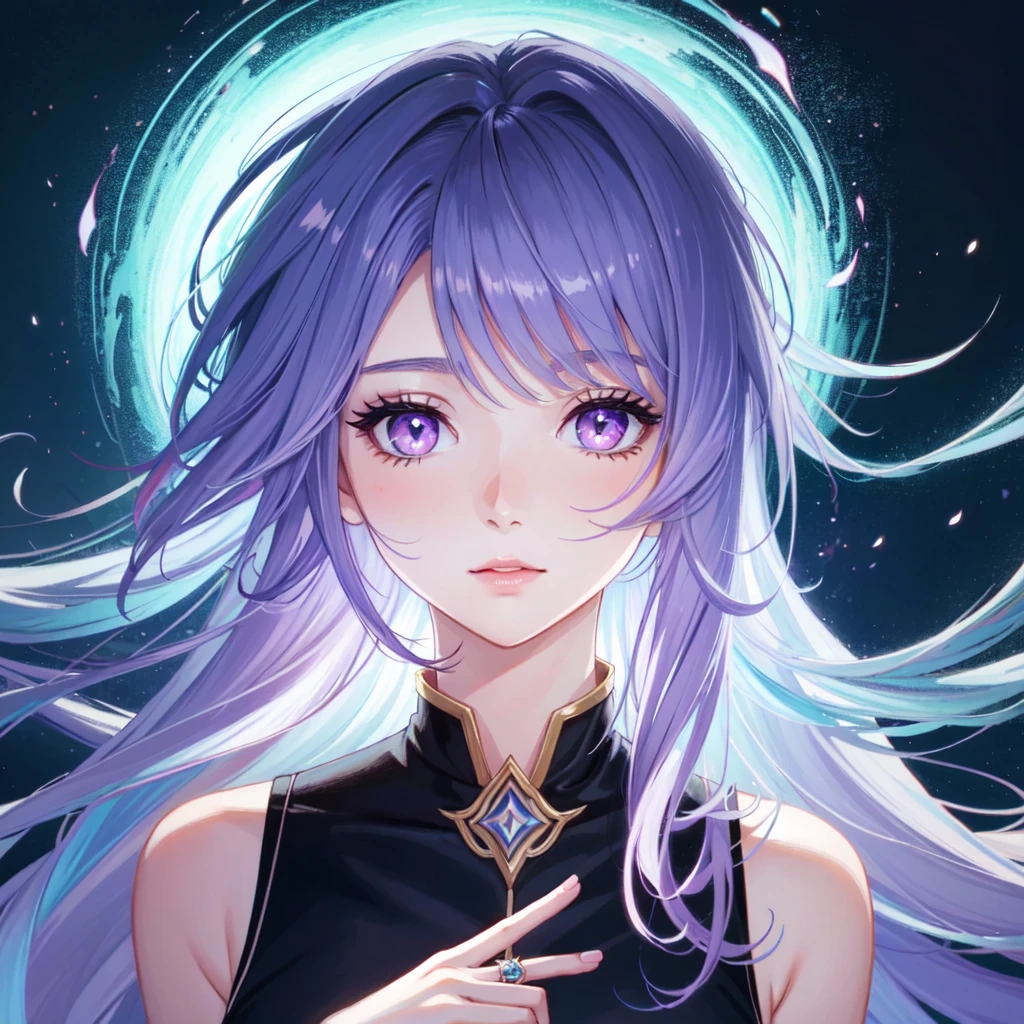 tarot card style, one girl, portrait, digital illustration, flowing hair, glowing iridescent hair, night, pastel colors, beautiful, looking at camera, looking at viewer, ring lighting, edge lighting, purple eyes, dull bangs, trending at artstinion, WLOP, DS Caro 1