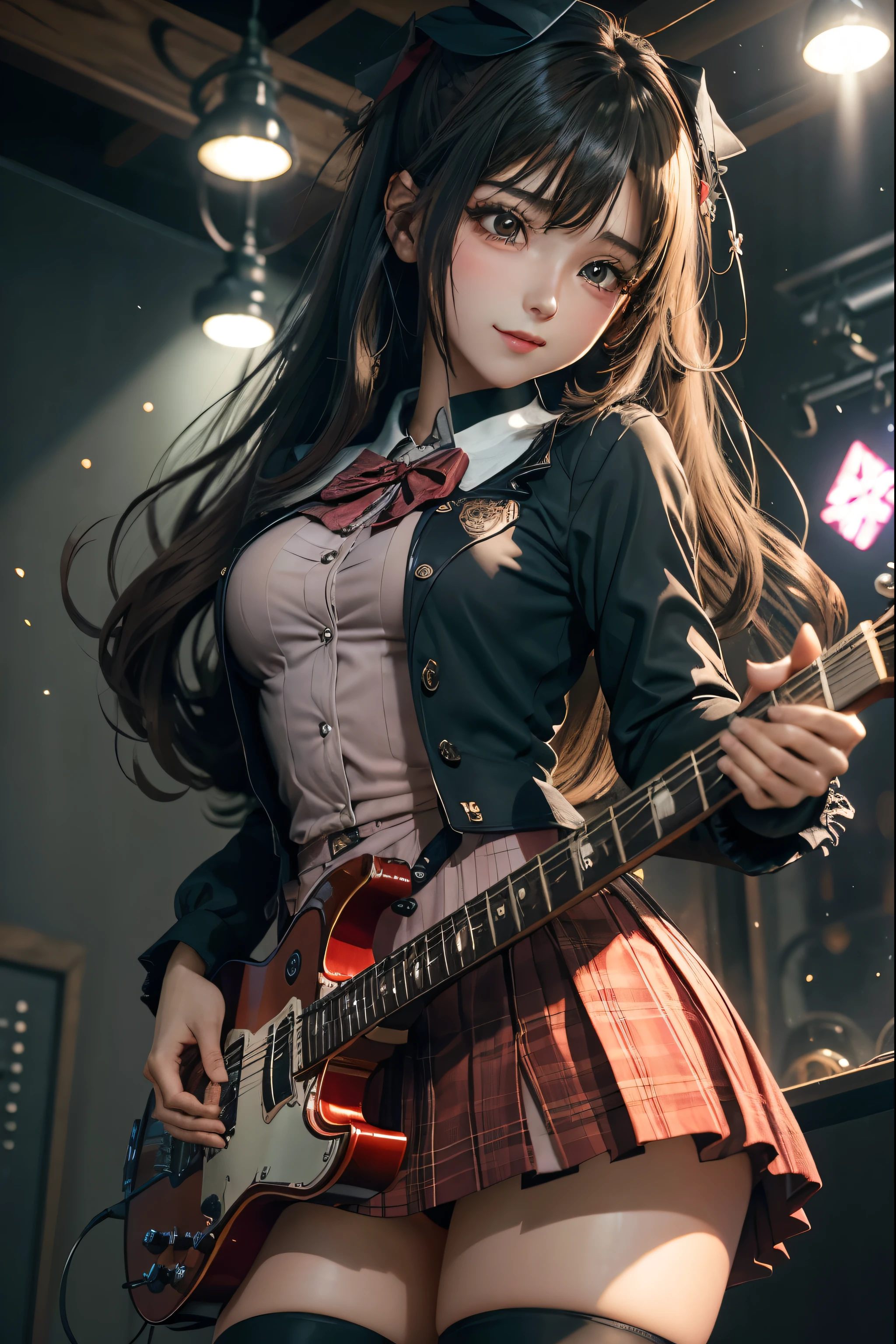 High school girl blazer、uniform、Red checked knee-length skirt、Long skirt、JK Style、Jacket、smile、Knee-high socks、Thigh-high socks、pantyhose、Extremely beautiful、Super cute、ennui、Rare Beauty、Dark black eyeshadow、sad、Skin radiance、Long Hair Straight Hair、Dark Gothic Makeup、Dark Smile、Fragrant beauty、Stained glass background、masterpiece、Highest quality、See 5 books、Sweat glistening on my chest、Sweat glistening on the face、Small breasts、2、Slightly slim、Mysterious look、Sad look、Mysterious Gothic Church、enchanting castle、Excessive sweating all over the body、Sweat dripping down thighs, shining in the light、Shiny thighs、Thighs、Sweat on thighs, shining brightly、sweat profusely、gal、Small breasts、Japanese face、Captivating look、Thin Thighs、play the guitar、I have a guitar、Enthusiastic singing、play the guitar in a band、Playing guitar chords、Background of the live music venue、Sing a song、Open your mouth、Scenery of a live music venue、Mike stand、Glamorous live stage、Dynamic Angles、Vivid straight long hair、delicate straight hair、