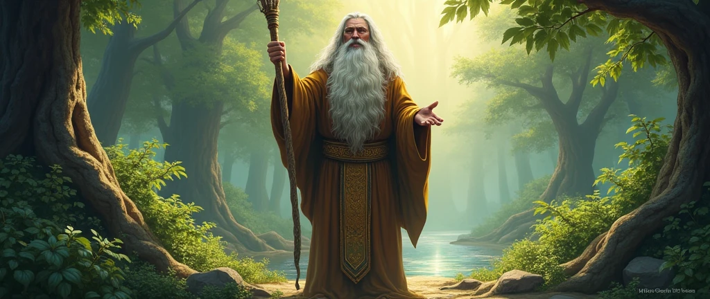 prophet man with a very big beard, and with a staff in hand in the middle of nature