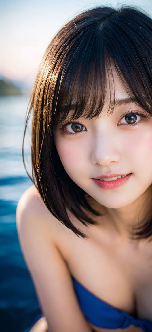 Spread legs, Shoot from below, Looking at the camera, Naked body, blue sea, A slender, Kissing face, idolface, Neat face, Blur the background, bob cuts, Colossal , years, Lori, A smile, masterpiece, top-quality, Raw photo, Photorealsitic, beautiful a girl, cute little, shorth hair, depth of fields, hight resolution, ultra-detailliert, finely detail, ighly detailed, ighly detailedな目と顔, Sharp pupils, Cinematic lighting