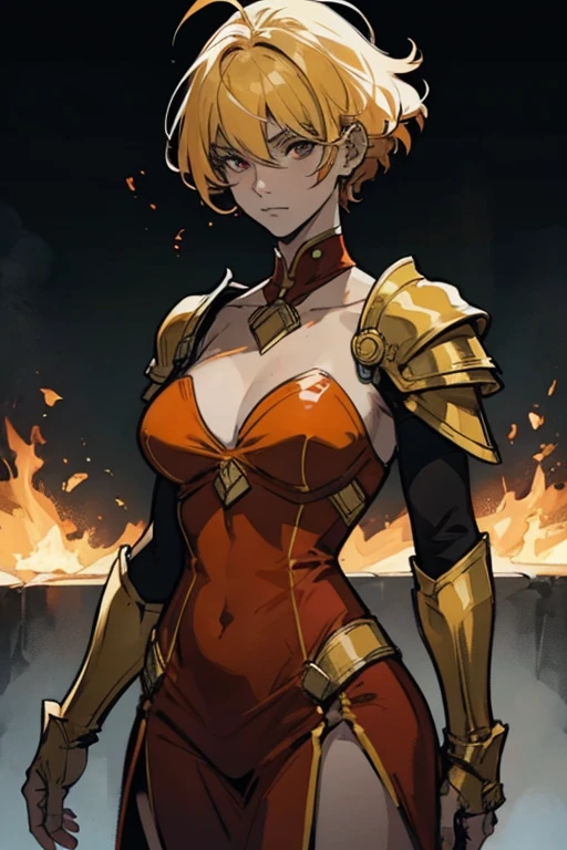 "HeadBlast is an adult woman with a height of one meter eighty. Her hair is short, Blonde with a gradient to orange at the tips, imitating the color of a flame. He wears red armor with a texture reminiscent of magma., and the inner clothing is yellow. The armor has a neckline that shows the chest, and the design should highlight the element of fire."