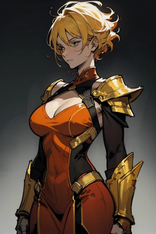 "HeadBlast is an adult woman with a height of one meter eighty. Her hair is short, Blonde with a gradient to orange at the tips, imitating the color of a flame. He wears red armor with a texture reminiscent of magma., and the inner clothing is yellow. The armor has a neckline that shows the chest, and the design should highlight the element of fire."