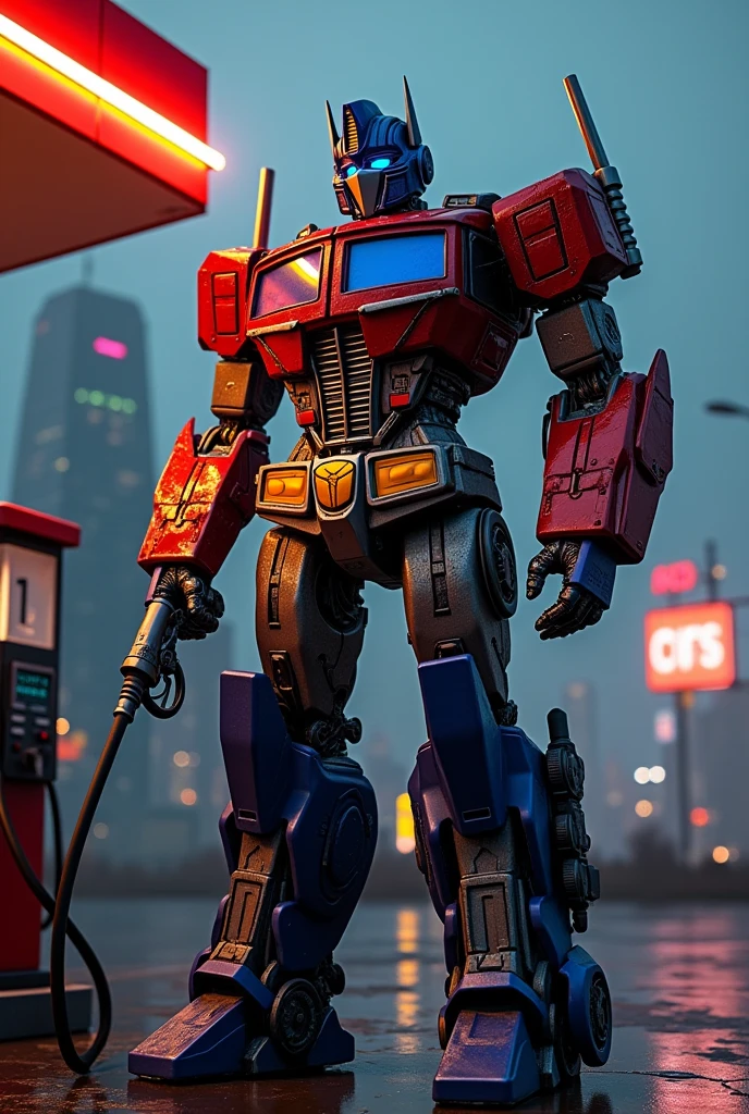 Optimus Prime drinking gasoline at a gas station