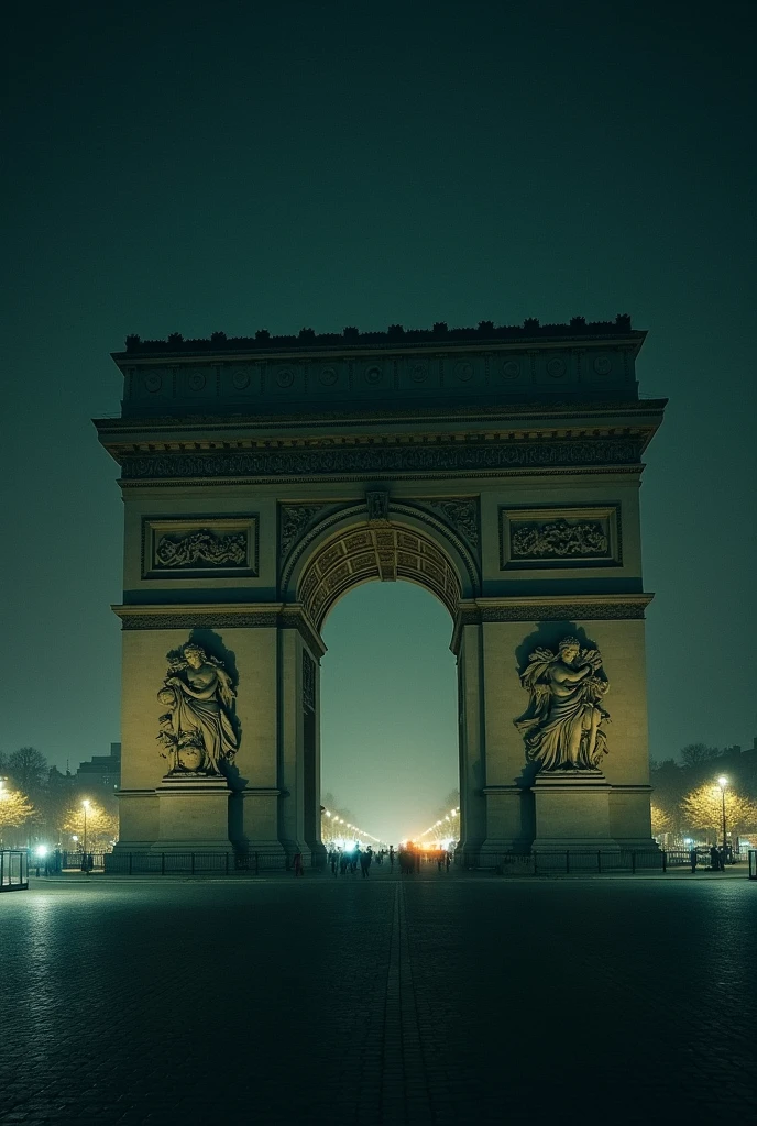 Create a night photograph with poor, terrible, horrible quality taken from the side of the Arc de Triomphe 