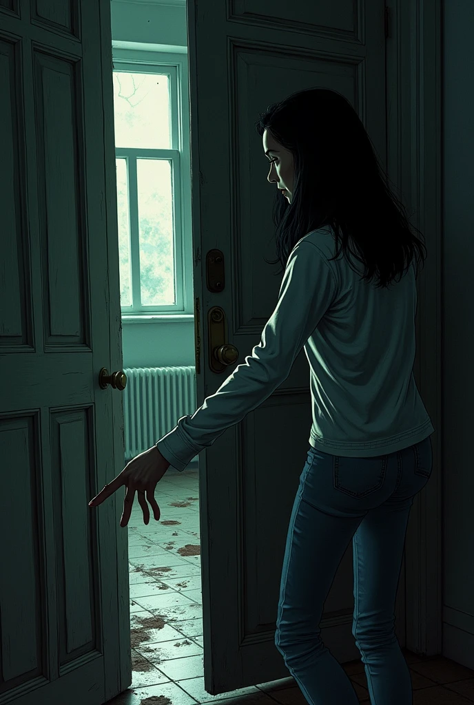 You can generate a horror comic image following this text:Sarah slowly approaches a dark door, from which the noises seem to come. His hand is extended, about to grab the handle.