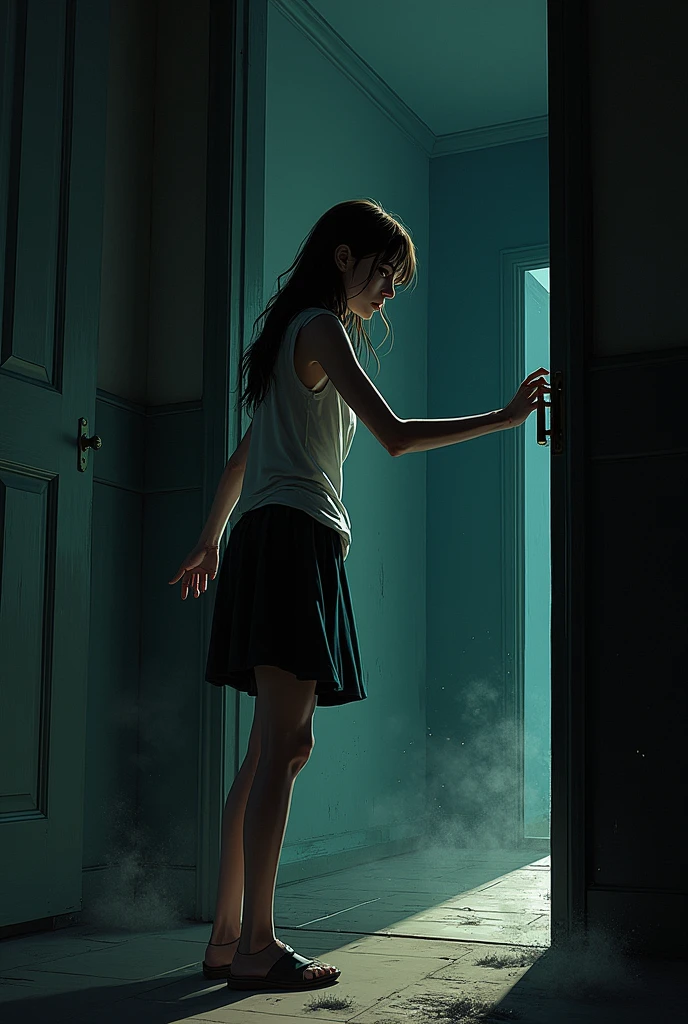 You can generate a horror comic image following this text:Sarah slowly approaches a dark door, from which the noises seem to come. His hand is extended, about to grab the handle.