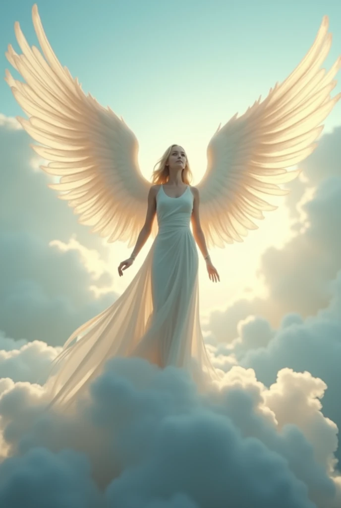 Create video of an angel flapping its wings while standing on a cloud 