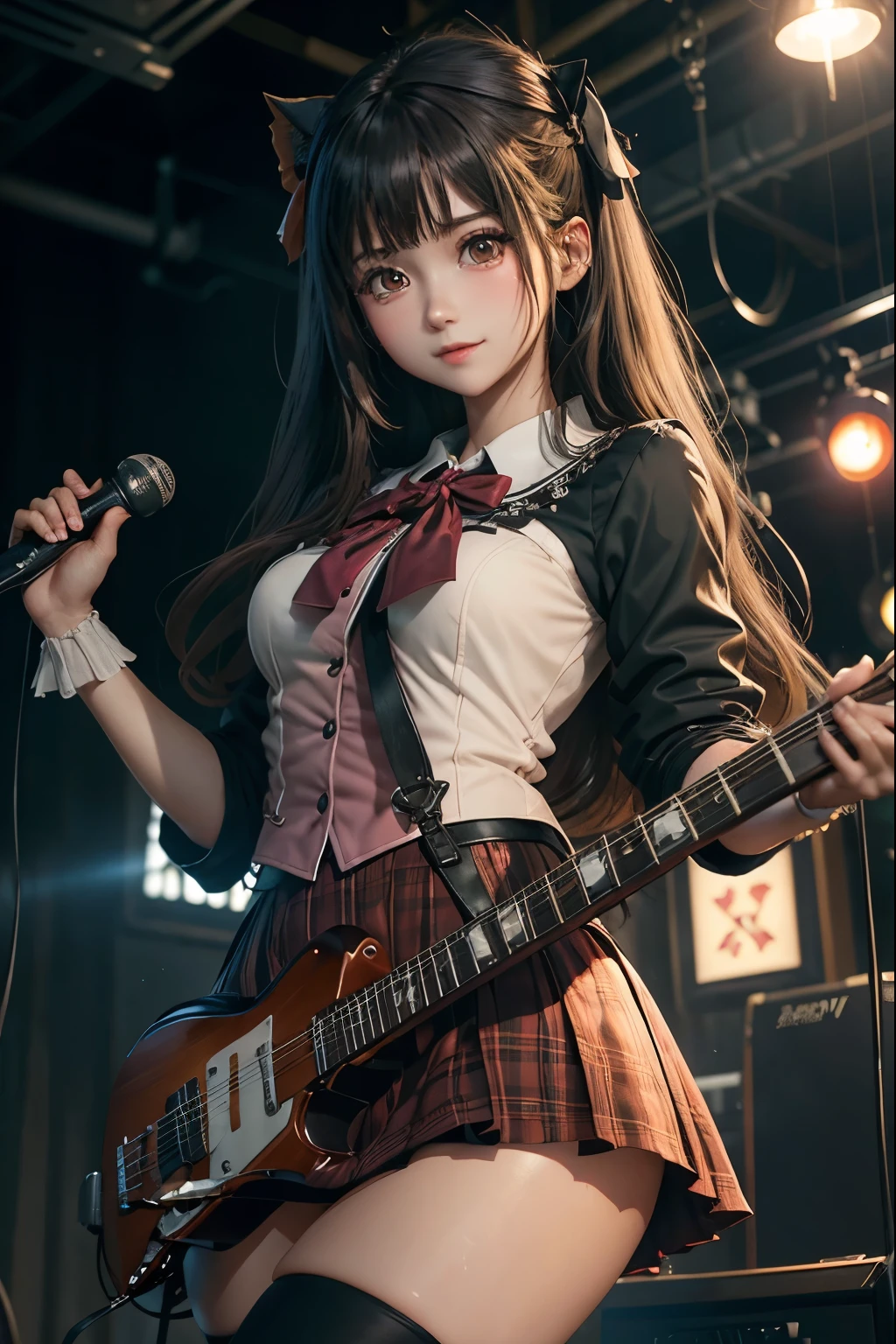 High school girl blazer、uniform、Red checked knee-length skirt、Long skirt、JK Style、Jacket、smile、Knee-high socks、Thigh-high socks、pantyhose、Extremely beautiful、Super cute、ennui、Rare Beauty、Dark black eyeshadow、sad、Skin radiance、Long Hair Straight Hair、Dark Gothic Makeup、Dark Smile、Fragrant beauty、Stained glass background、masterpiece、Highest quality、See 5 books、Sweat glistening on my chest、Sweat glistening on the face、Small breasts、2、Slightly slim、Mysterious look、Sad look、Mysterious Gothic Church、enchanting castle、Excessive sweating all over the body、Thighsに大量の汗と光、光沢のあるThighs、Thighs、Thighsに大量の汗が光る、sweat profusely、Gal、Small breasts、Japanese face、Captivating look、細いThighs、play the guitar、I have a guitar、Enthusiastic singing、バンドでplay the guitar、Playing guitar chords、Background of the live music venue、Sing a song、Open your mouth、Scenery of a live music venue、Mike stand、Glamorous live stage、Dynamic Angles、Vivid straight long hair、delicate straight hair、