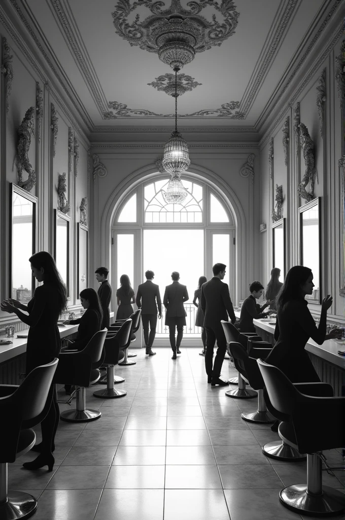 Generates a hair salon in the style "trompe l'oeil", to black and white
