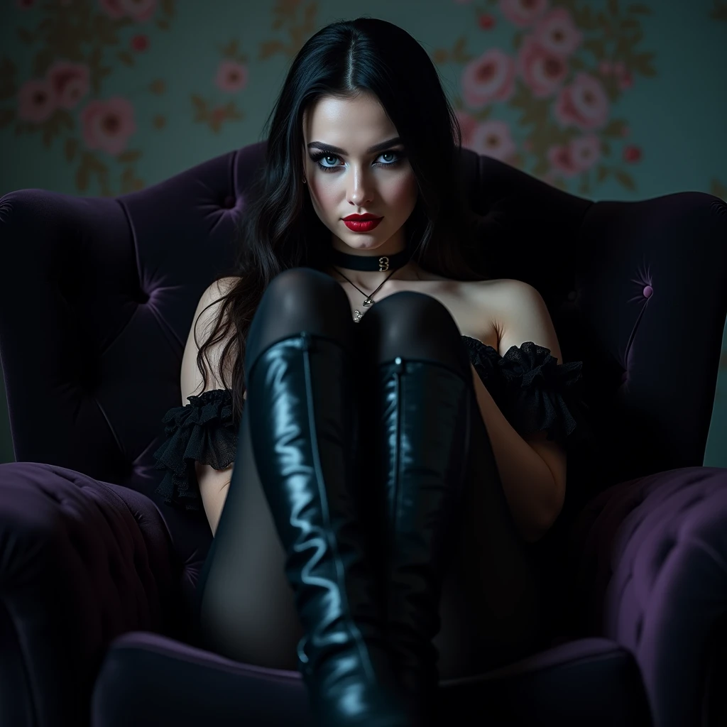 A tall, thick, and sexy 1 girl, with black hair, teal blue eyes, and pale and white skin. Wearing shiny frilly black Gothic clothes. Smoking a cigarette and sitting on a sofa with her legs crossed. Red plump lips. Long lashes, long boots. Corset. Two legs, two arms. Close to the camera. Bottom angle. Wearing gothic pantyhose tights. ((Smirking maliciously)) ((the camera is under her boot)) (Smirking maliciously and mischievously while looking down.) ((pink and purple shading)) gothic makeup.