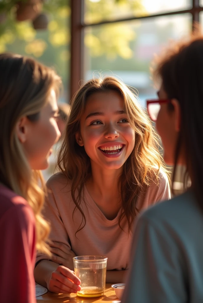 A teenage girl talking to her friends