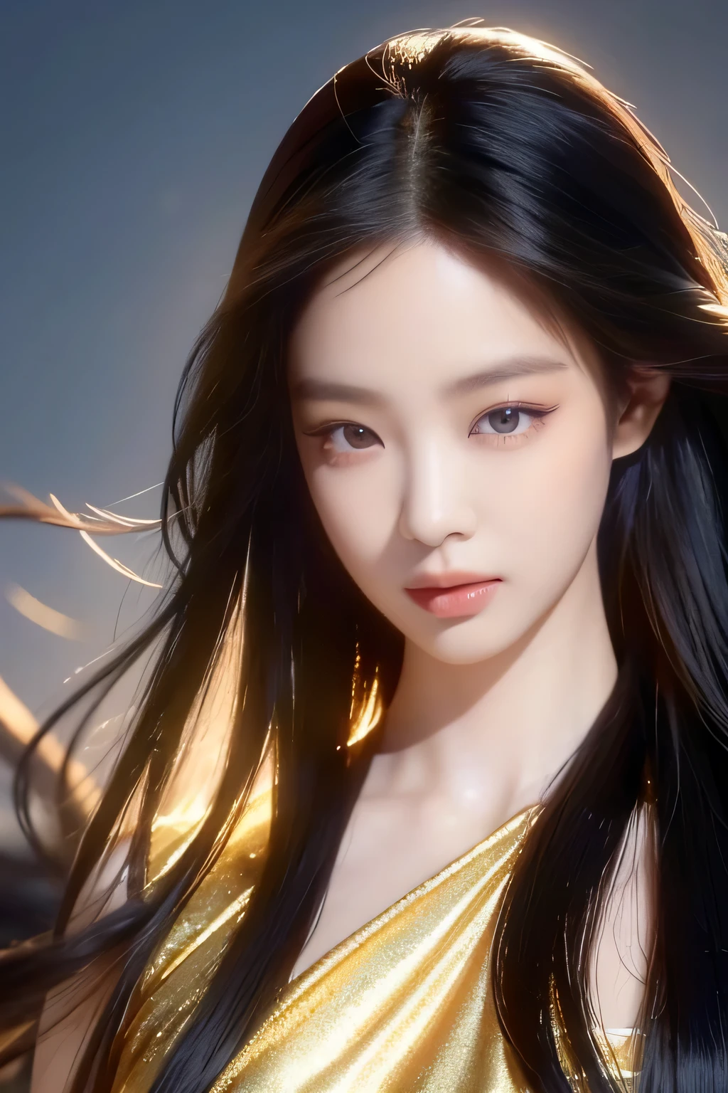 Jennie, golden dress, fairycore, long black hair, beautiful detailed black eyes, beautiful detailed lips, extremely detailed face, longeyelashes, elegant pose, dramatic lighting, cinematic, chiaroscuro, dramatic shadows, golden hour, atmospheric, photorealistic, 8k, best quality, masterpiece, meadow background, glow, magical