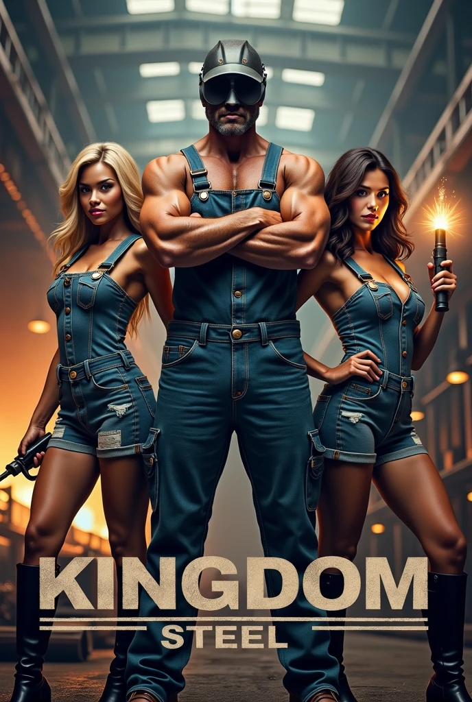 Make a big logo with the word kingdom steel written on it. With a strong man wearing denim overalls with a welding mask and crossed arms, with two women on each side, a sexy blonde Asian woman with big breasts wearing denim overalls holding a welding torch and the other sexy black woman with big breasts wearing denim overalls holding a welding torch.