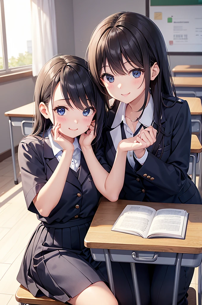 In the classroom、Two people are having a conversation across a desk、One of them is talking happily with one hand raised、The other listens quietly to her and smiles.、Both are wearing uniforms