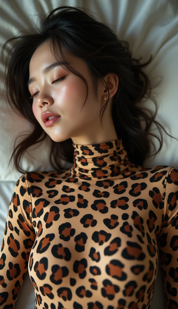 The beautiful,thin and clever asian muslimah adult girl with beautiful cheeks wears leopard print lycra footed turtleneck unitard catsuit covered with spots and leopard lycra elastane stretchy dancewear square hijab covered with spots.She is asleep when she sleeps on the mattress.