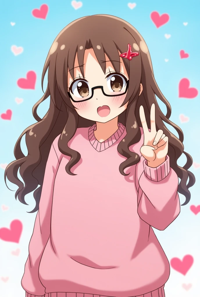 Make an anime style animation of a chubby, half-body girl, with a round nose, wearing black glasses, long, very curly hair type 3B in brown color, eyes browns, wearing pink clothes and making a V with her hand and one less finger on her hand. In the background of the animation add hearts and baby blue tones.