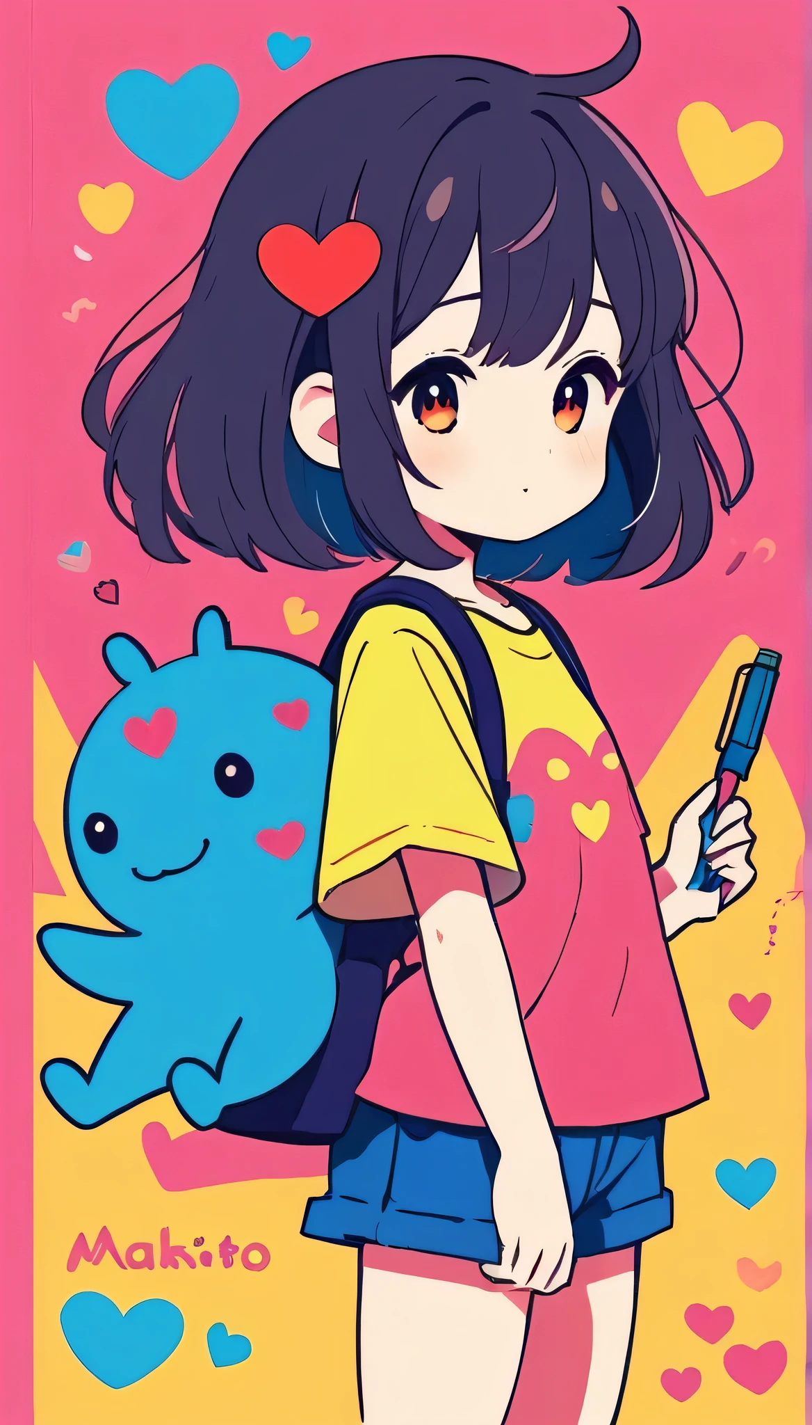 Makoto Shinkai colorful style, Simple Line Initialism,Abstract art,Kawaii Design, The most beautiful girl of all time、chibi, (((Cute aliens))), colorful hearts, summer version