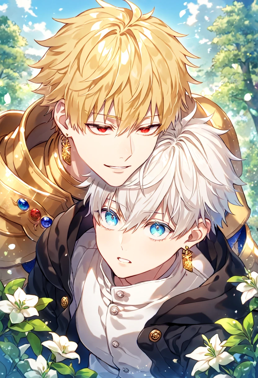 absurdres, highres, ultra detailed, HDR, master piece, best quality, extremely detailed, detailed eyes, detailed face, Gilgamesh, blonde hair, slicked up, ruffled hair, golden earrings, expressive red eyes, Fate Grand Order, Gojou Satoru, white hair, expressive blue eyes, white eyelashes, a manly man together with a boy of ten years old, yaoi, gay couple, handsome, fantasy, golden armor, black coat, white vest, spring, flowers, green leaves, magical forest, dark fantasy, blue sky, Jujutsu Kaisen