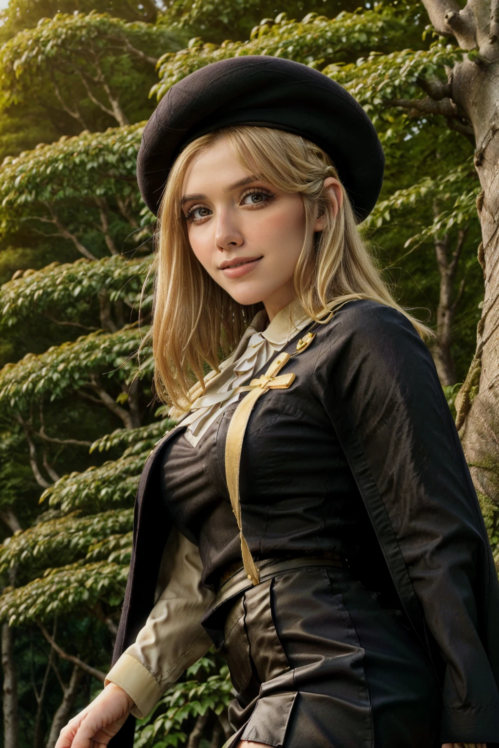 1 girl, best quality, ((Miyo)), Bethcast, perfect face, beautiful smile, 30 years old, ((ascot,uniform, black skirt, cross, ribbon, gold blonde hair, emerald, beret, cape, pantyhose)), ((perfectly drawn hands)), perfect body, bare tree, bush, fog, forest, grass, nature, outdoors, plant, scenery, solo, standing, tree, 32k photograph, ((perfect eyes, detailed eyes,realistic eyes)), ((sharp face, detailed face, realistic face, natural skin, realistic skin, detailed skin, pores)), full body, tone mapping, asian-european, ((masterpiece)), ((highres)), ((detailed background)), japanese village background, night, big proportions, (abdomen is covered)