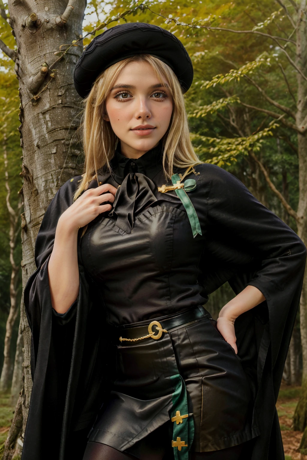 1 girl, best quality, ((Miyo)), Bethcast, perfect face, beautiful smile, 30 years old, ((ascot,uniform, black skirt, cross, ribbon, gold blonde hair, emerald, beret, cape, pantyhose)), ((perfectly drawn hands)), perfect body, bare tree, bush, fog, forest, grass, nature, outdoors, plant, scenery, solo, standing, tree, 32k photograph, ((perfect eyes, detailed eyes,realistic eyes)), ((sharp face, detailed face, realistic face, natural skin, realistic skin, detailed skin, pores)), full body, tone mapping, asian-european, ((masterpiece)), ((highres)), ((detailed background)), japanese village background, night, big proportions, (abdomen is covered)