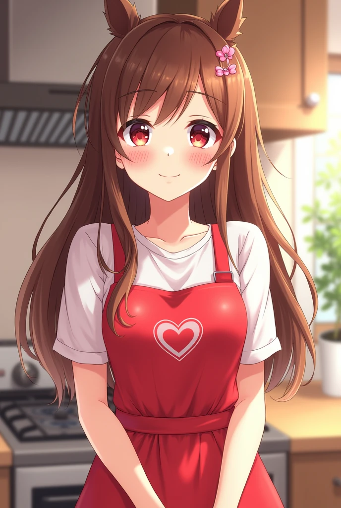 Anime Housewife with brown hair, red apron and red eyes with hearts in her eyes