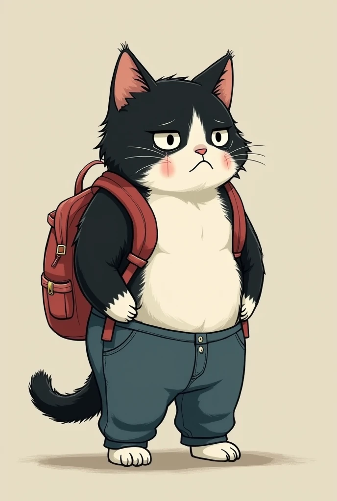 sad fat black and white cat with pants and bakcpack going to school, cute crying face