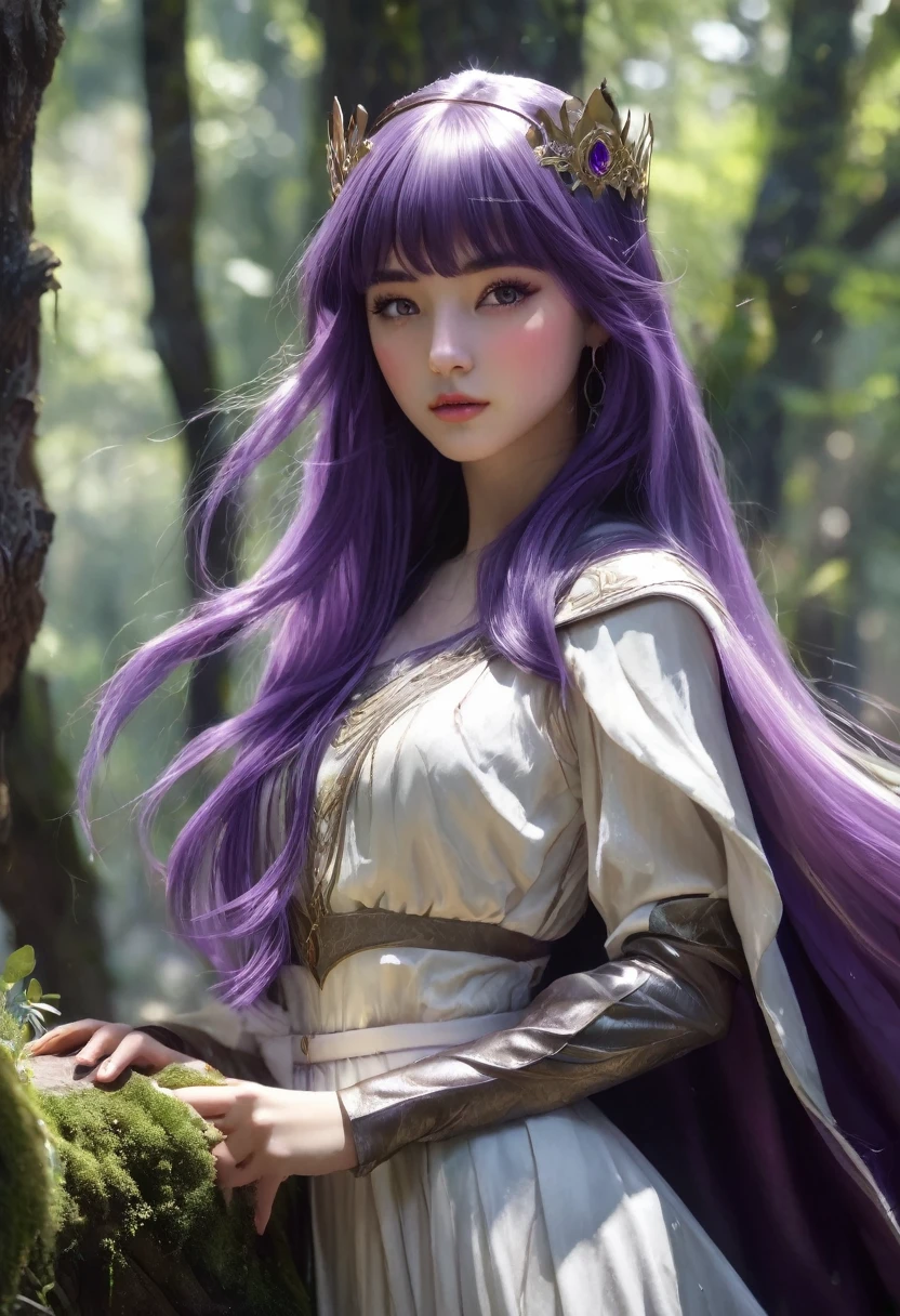 A young woman, long straight purple hair with bangs, dark purple eyes, (((a young woman with long purple princess hair 1.7)))(((very beautiful))), perfect faces, full body, she is in a forest during the day with sunlight on her face, warm palette, she is wearing a modest white medieval tunic with a black mage cape over it, purple eyes, , 8K, extremely detailed, (high quality, realistic, photorealistic: 1.37), ideal proportions and defined skin, meticulously crafted features, inaccessible beauty, perfection, artistic art, vivid realism, hyper-detailed sculpting, realistic shapes, truly inspiring, impeccable craftsmanship, pure brilliance, ethereal beauty, delicate contours, striking poses, sublime beauty, subtle nuances, dynamic compositions, vibrant colors, perfect lighting, moving expressions, heavenly aura, majestic presence, dreamlike atmosphere, unmatched detailed octane rendering trend in artstation, 8k art photography, photorealistic concept art, cinematic volumetric natural soft light, chiaroscuro, award winning photography, fine art, oil on canvas, beautiful, detailed, intricately, insane