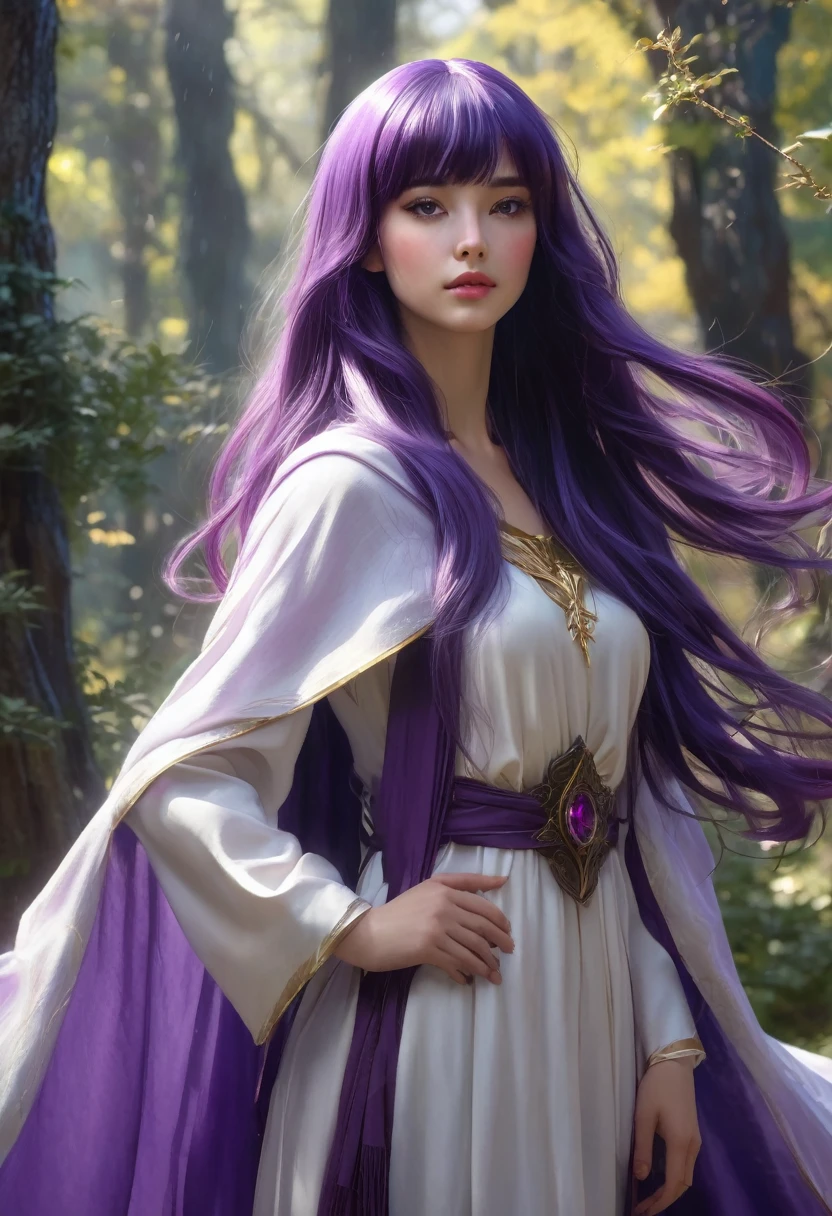 A young woman, long straight purple hair with bangs, dark purple eyes, (((a young woman with long purple princess hair 1.7)))(((very beautiful))), perfect faces, full body, she is in a forest during the day with sunlight on her face, warm palette, she is wearing a modest white medieval tunic with a black mage cape over it, purple eyes, , 8K, extremely detailed, (high quality, realistic, photorealistic: 1.37), ideal proportions and defined skin, meticulously crafted features, inaccessible beauty, perfection, artistic art, vivid realism, hyper-detailed sculpting, realistic shapes, truly inspiring, impeccable craftsmanship, pure brilliance, ethereal beauty, delicate contours, striking poses, sublime beauty, subtle nuances, dynamic compositions, vibrant colors, perfect lighting, moving expressions, heavenly aura, majestic presence, dreamlike atmosphere, unmatched detailed octane rendering trend in artstation, 8k art photography, photorealistic concept art, cinematic volumetric natural soft light, chiaroscuro, award winning photography, fine art, oil on canvas, beautiful, detailed, intricately, insane
